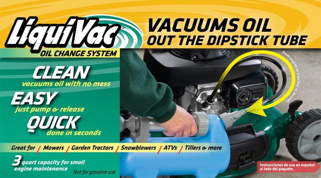 Change oil in small engines easily! This simple device sucks used engine oil out the dipstick tube into a sealed container so a worker will not need remove a drain plug, tip the engine to drain oil, or worry about spilling oil.