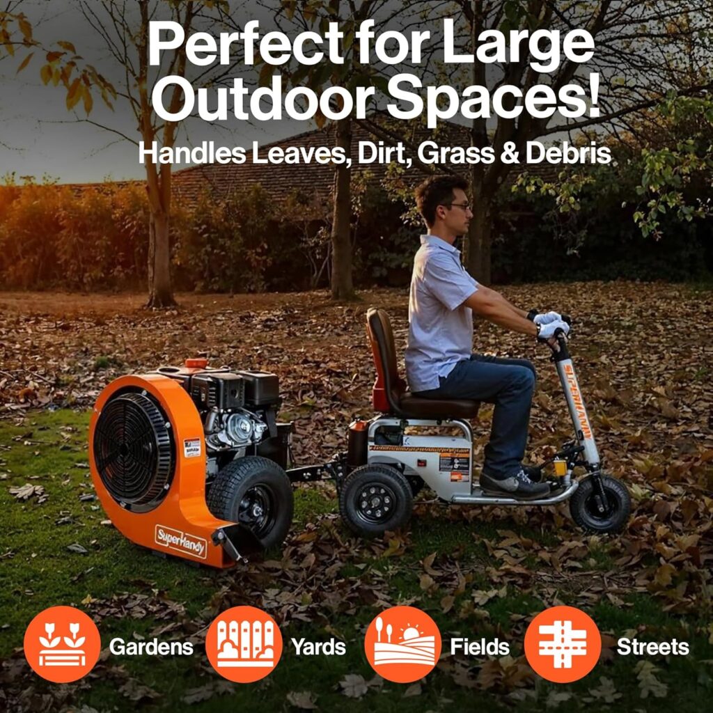 Move leaves, grass clippings and small yard debris with a pull behind blower in spite of leg, arm or back impairments.